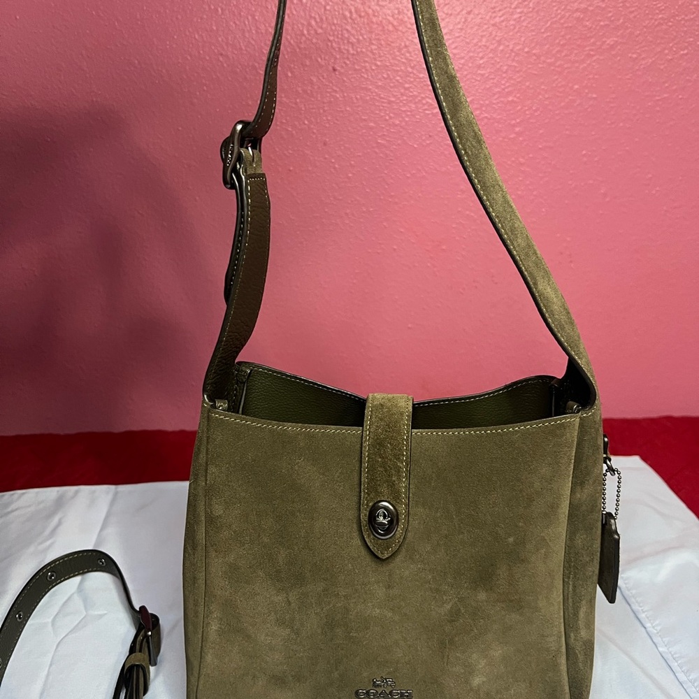 Coach Hadley Olive Green Suede Shoulder Bag